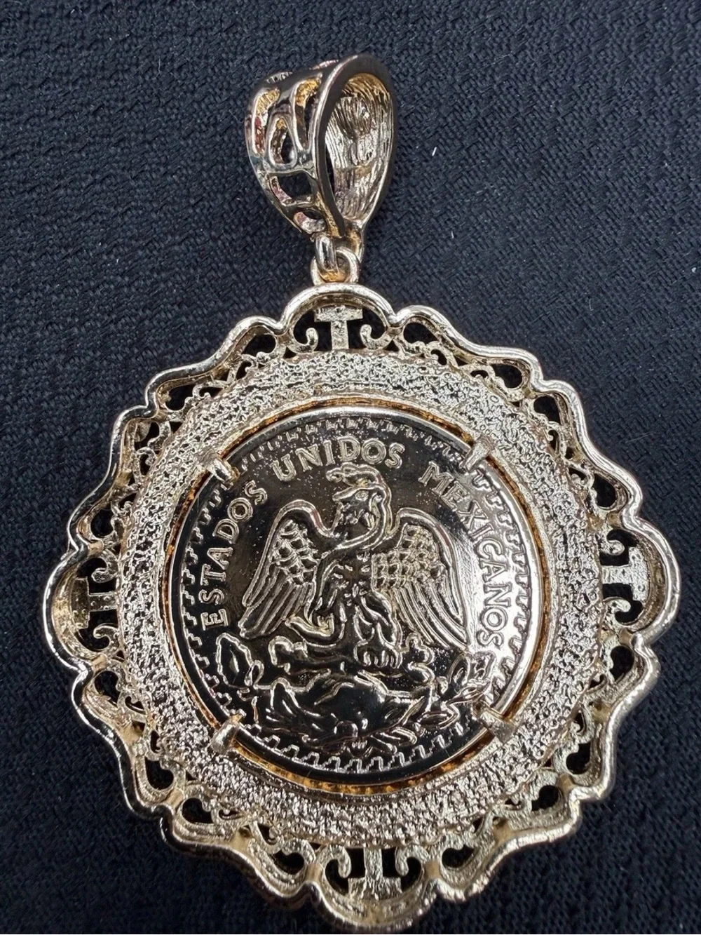 Gold-Tone Mexican 50 Pesos Coin Pendant with Red, White & Green Accents